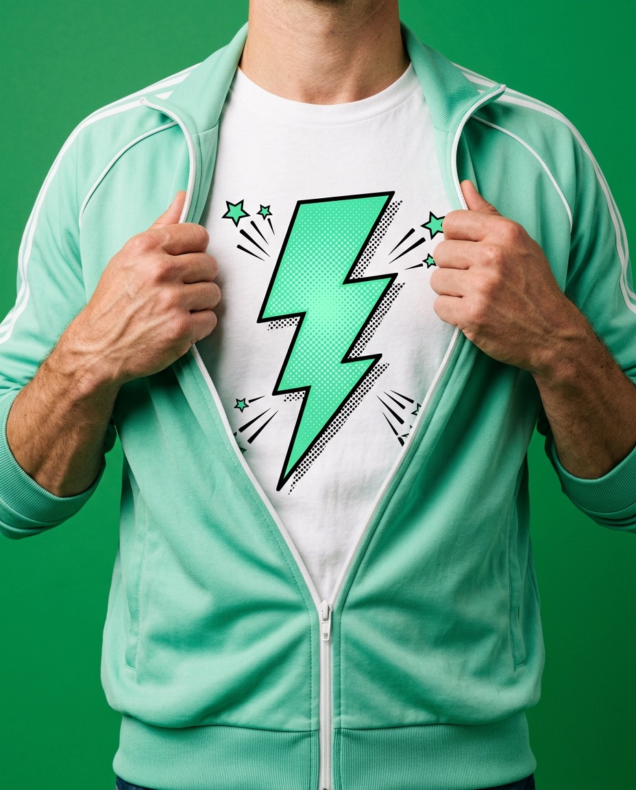 Person, der åbner sin grønne jakke og viser en t-shirt med Phone Heros lyn